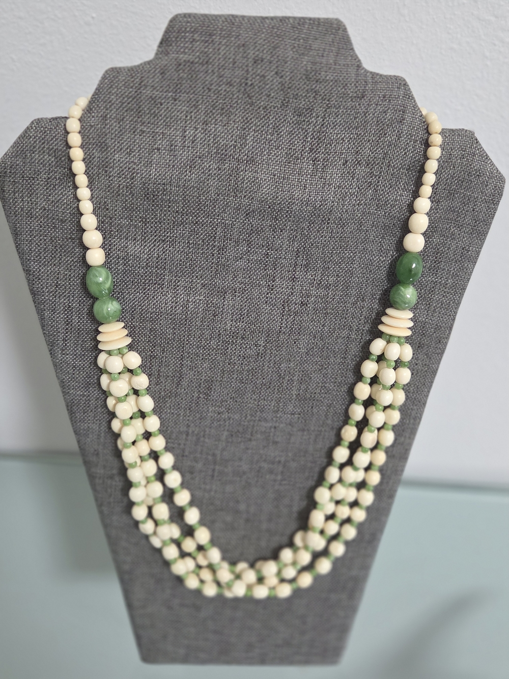 Cream and Green Beaded Multistrand Necklace